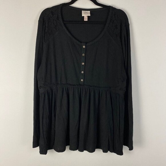 Knox Rose Thermal Shirt XXL Black Lace Accent Boho Peasant Black Long Sleeve - Picture 1 of 9